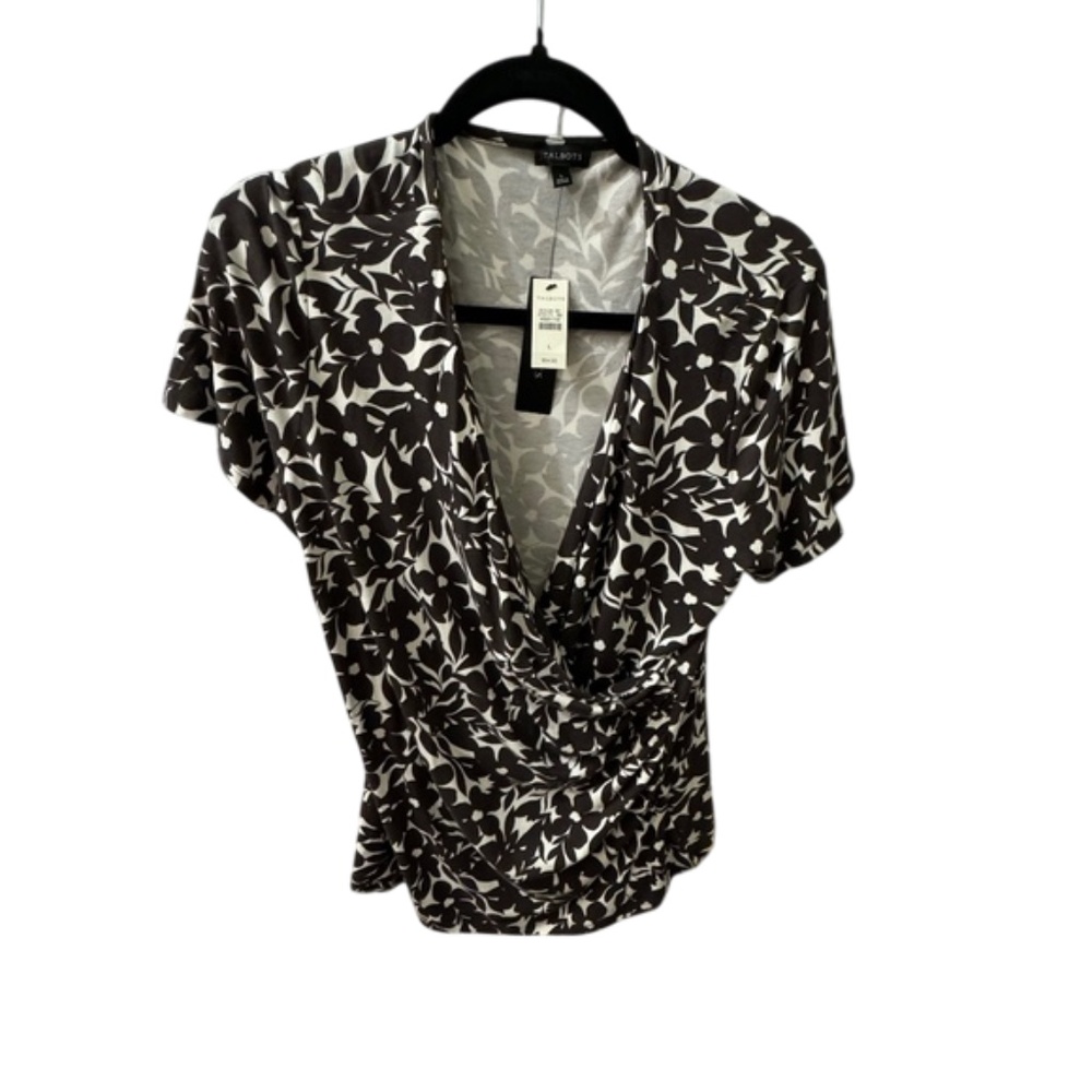 TALBOTS NWT Woman Size L Brown &White Floral Knit Faux Wrap Short Sleeve Top